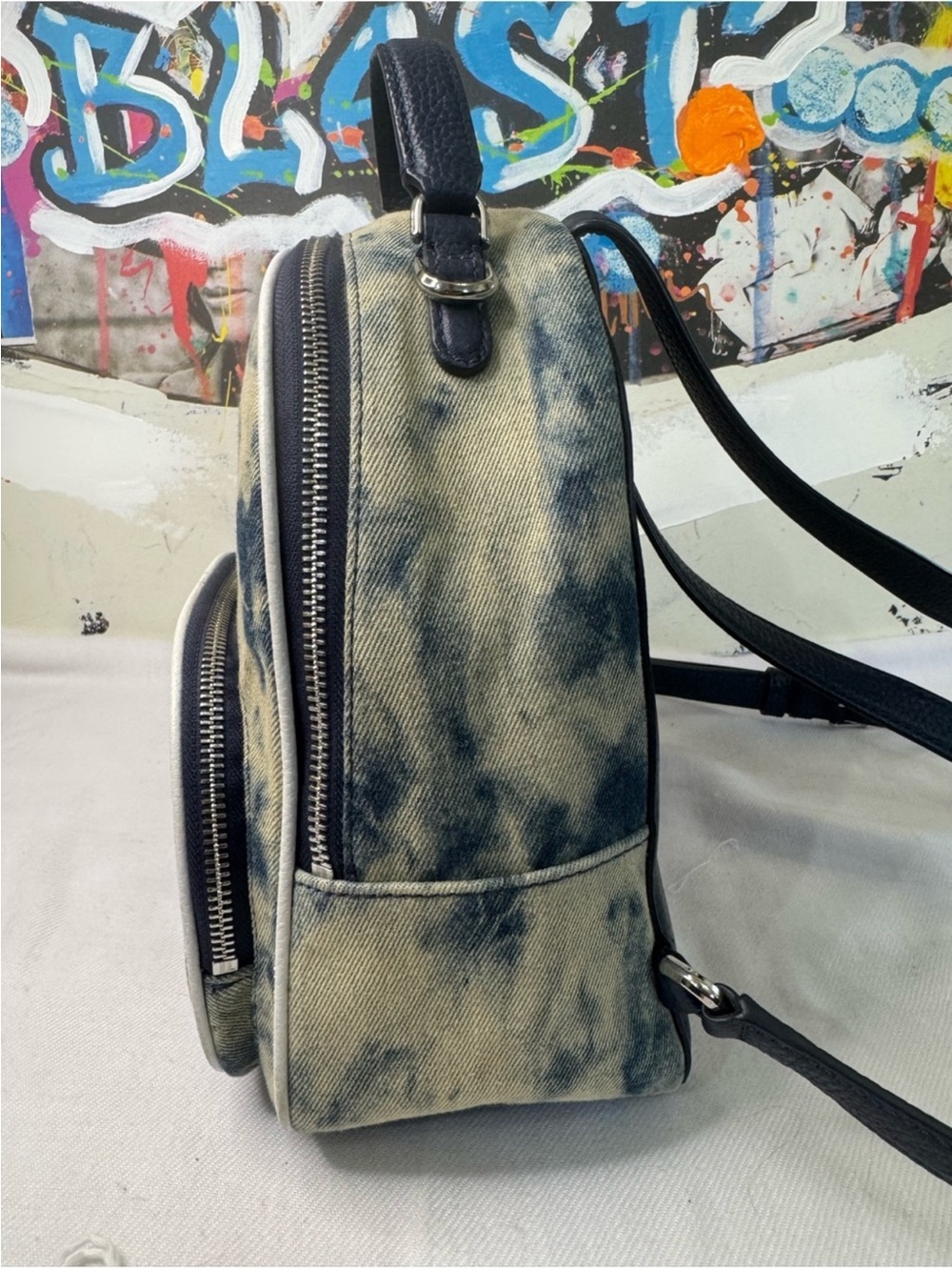 kate spade Navy and White Tie-Dye Denim Mini Backpack - Picture 9 of 16